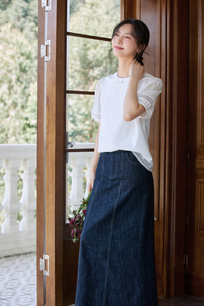 Lace Trim Lantern Sleeve Round Neck Short Sleeve T-Shirt-VIMLYSTORE