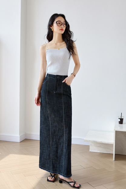 Black Grey Retro Denim High Waist Straight Pencil A-Line Midi Skirt
