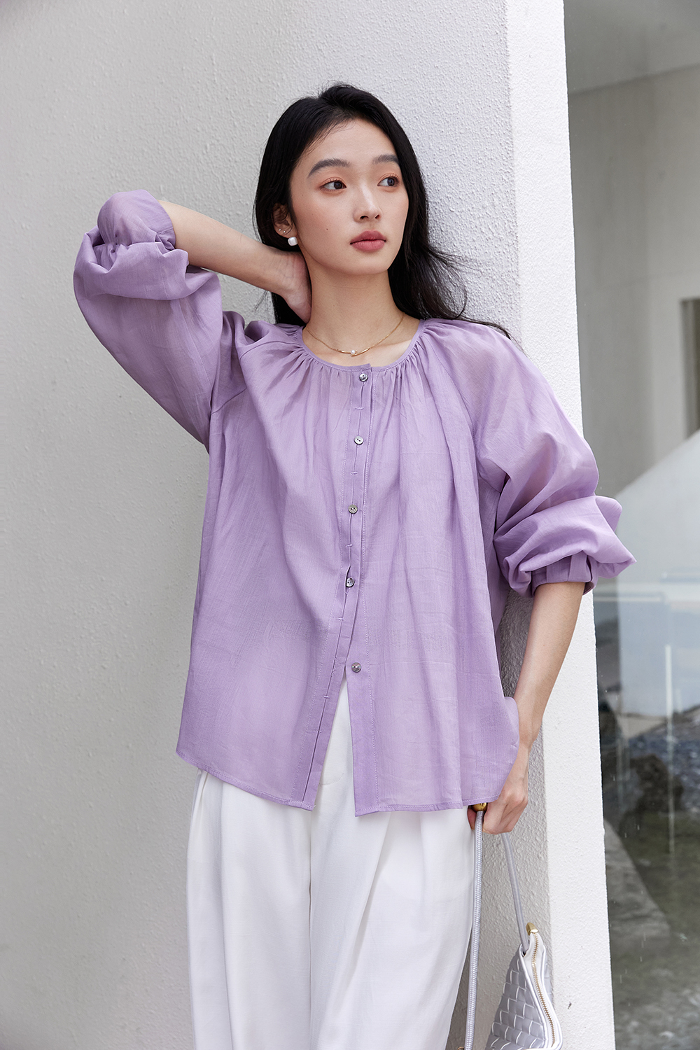 Monet Purple Linen-Cotton Light Luxury Youthful Chic Shirt-VIMLYSTORE