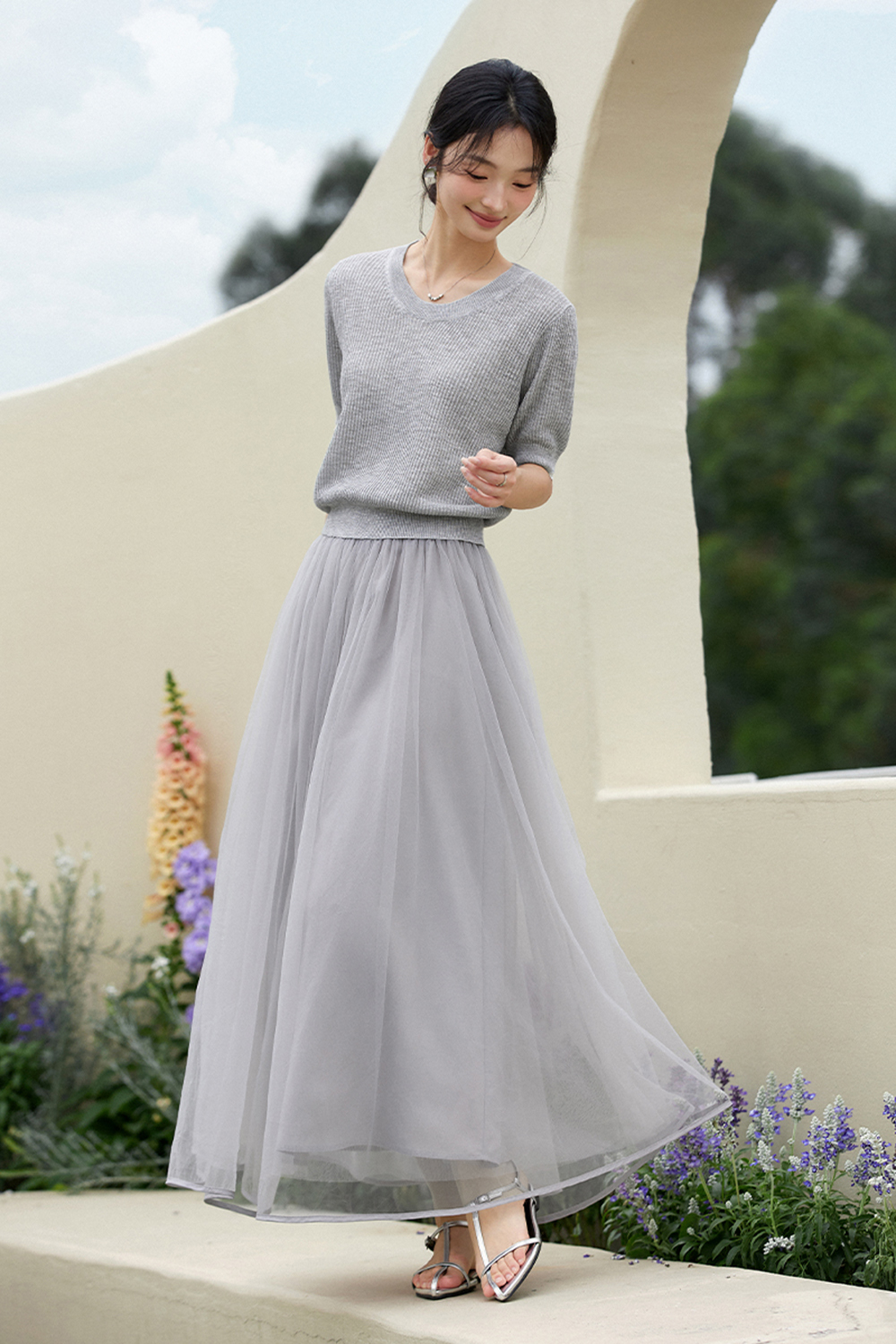 Lace Splicing Top and Mesh dress Gentle Suit-VIMLYSTORE