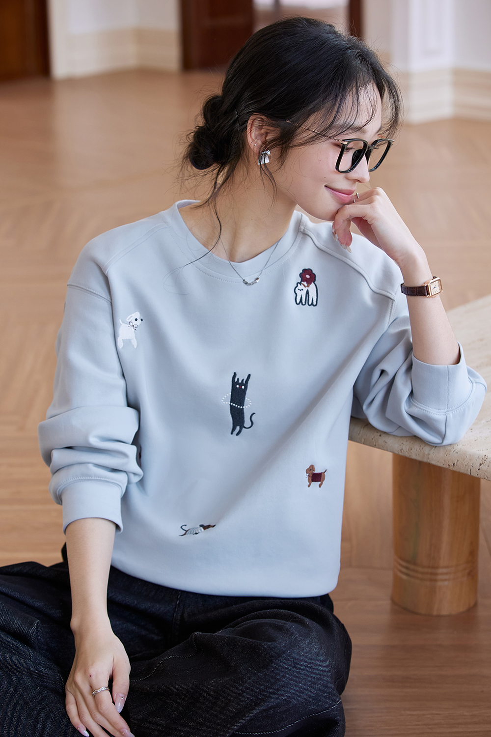 Mist Blue Crewneck Sweatshirt with Playful Cat & Dog Embroidery-VIMLYSTORE
