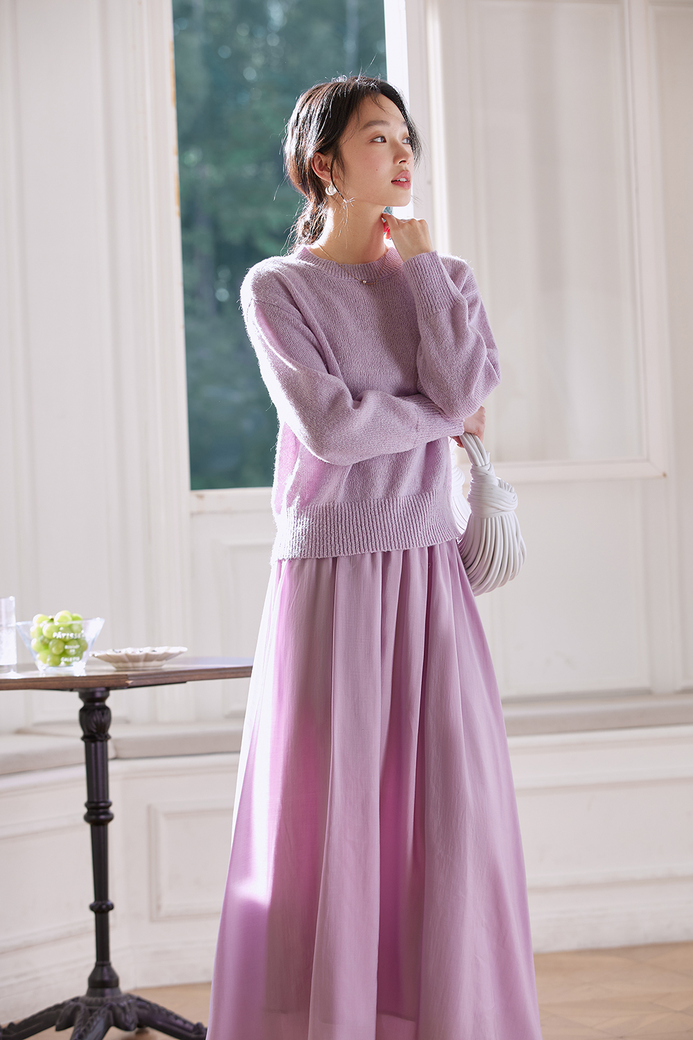 Lilac Round-Neck Top & Pencil Skirt Set for Polished Office Wear-VIMLYSTORE