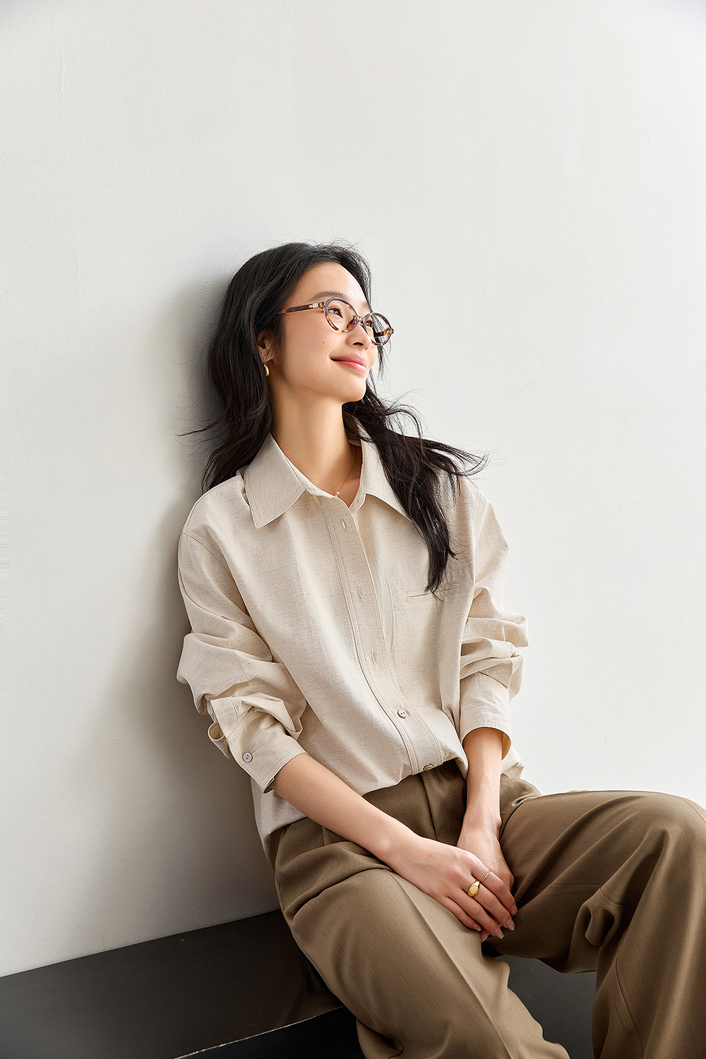 Oatmeal Oversized Shirt with Dual-Button Cuff Detail-VIMLYSTORE