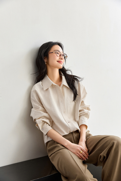 Oatmeal Oversized Shirt with Dual-Button Cuff Detail-VIMLYSTORE