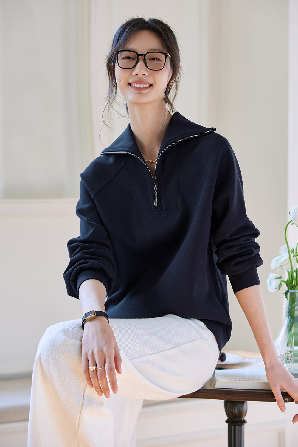 Retro Zip-Collar Pullover Sweatshirt-VIMLYSTORE