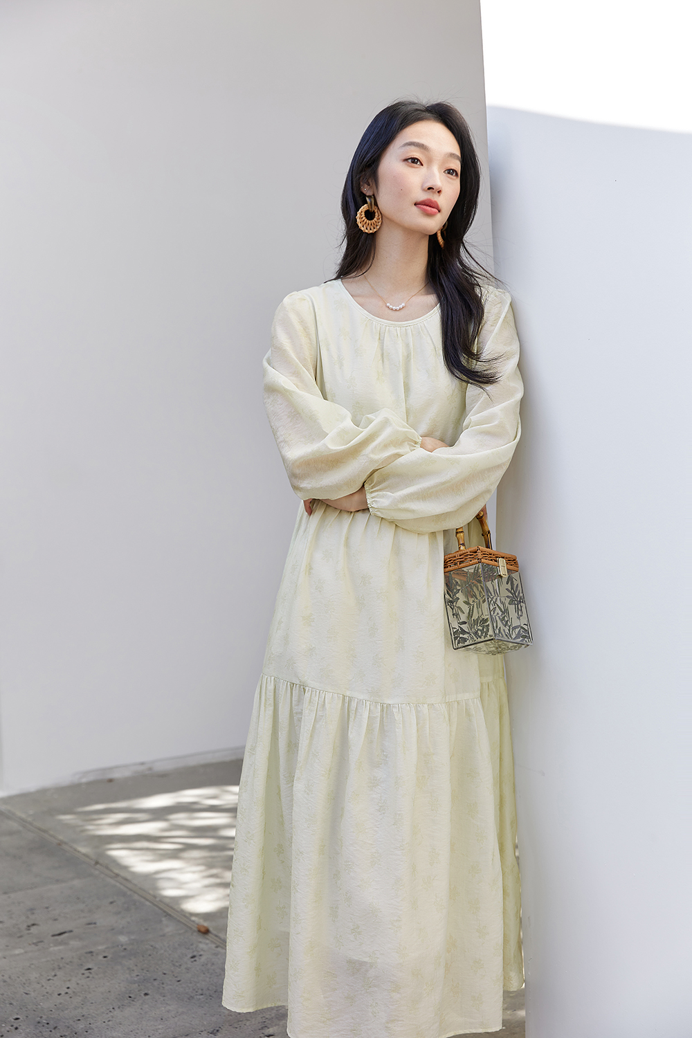 lyocell Embroidered Shift Dress with Bishop Sleeves-VIMLYSTORE