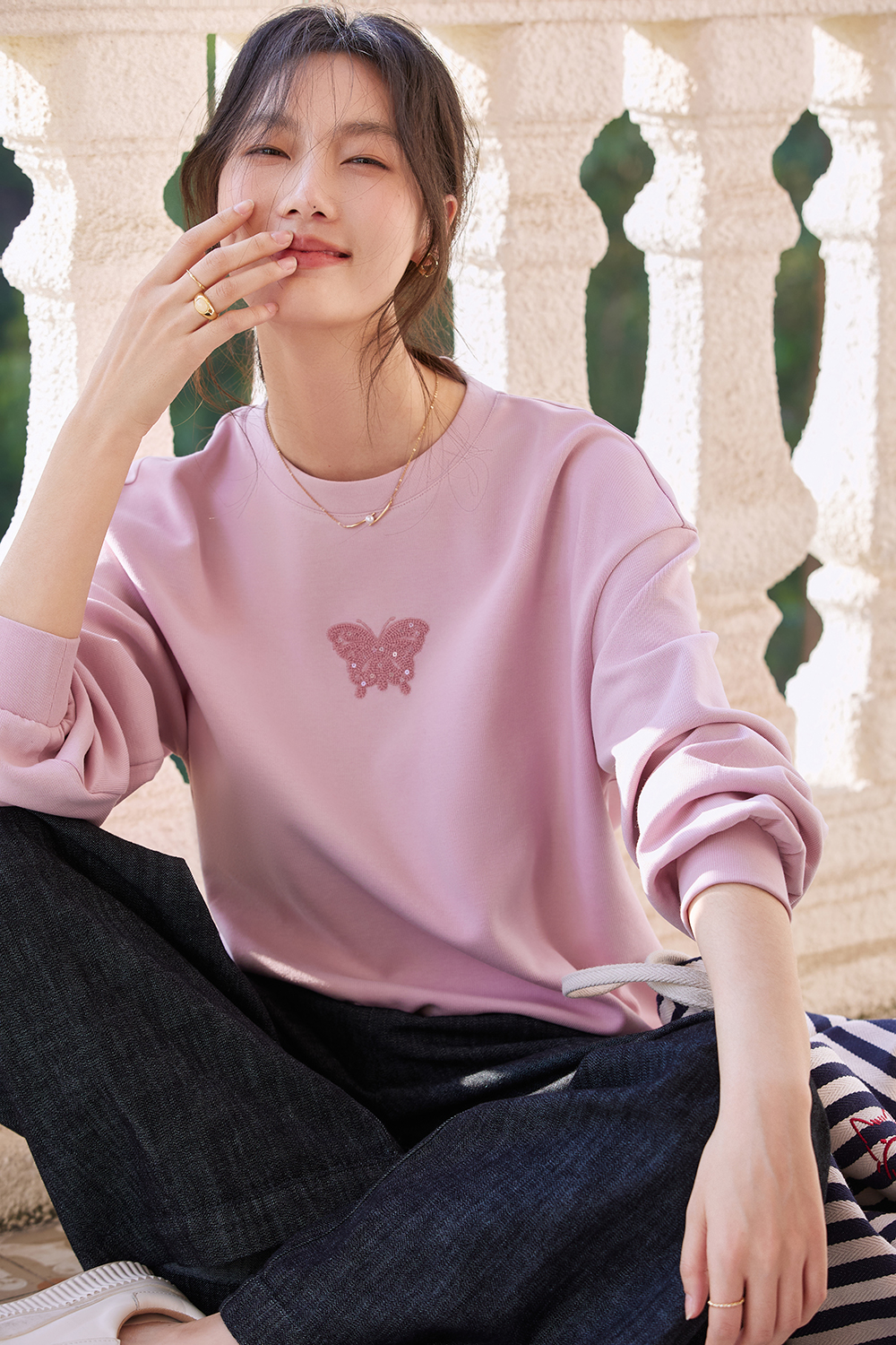 Butterfly-Embroidered Oversized Crewneck Sweatshirt-VIMLYSTORE