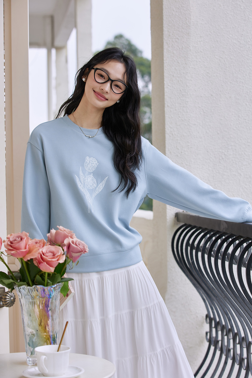 Sky Blue Tulip-Sleeve Oversized Pullover-VIMLYSTORE