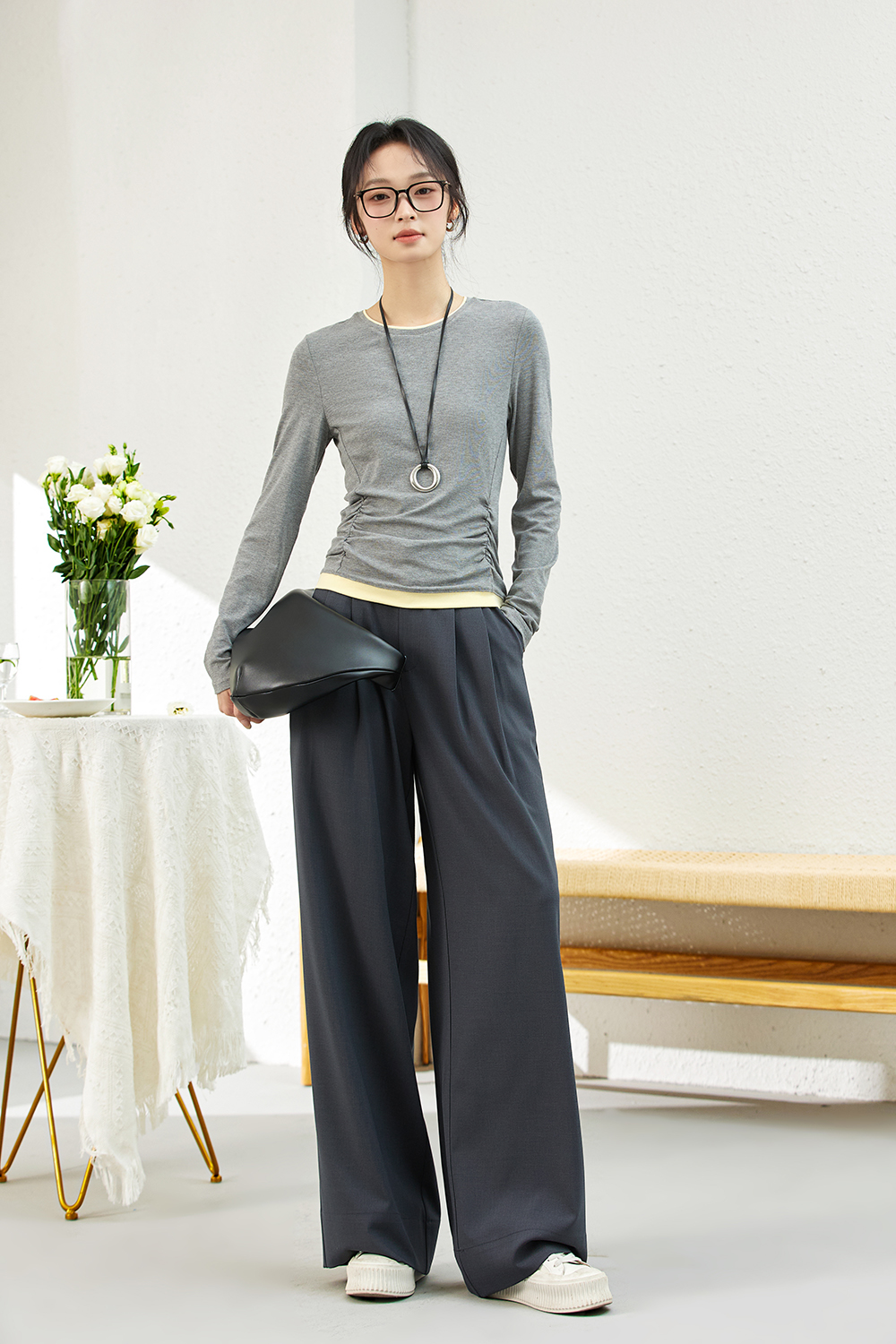 Pleated Wide-Leg Dress Pants with Relaxed Waist-VIMLYSTORE