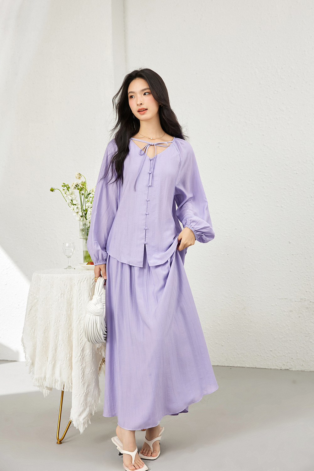 French Ruffle-Trim Tie-Waist Shirt & Skirt Set