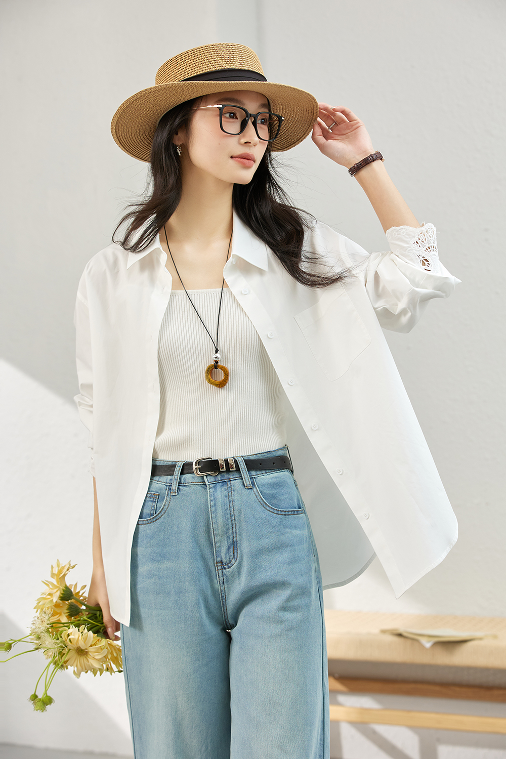 Artistic Cutwork Notch-Collar Blouse