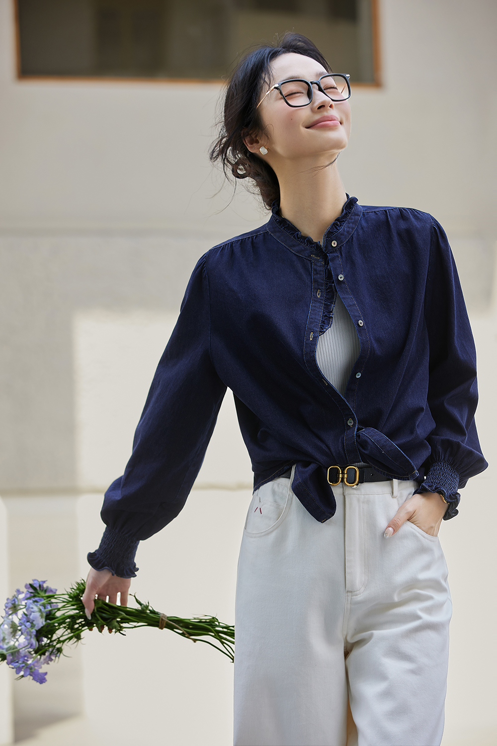 Designer Loose Stand-up Denim Long Sleeve Cotton Shirt-VIMLYSTORE