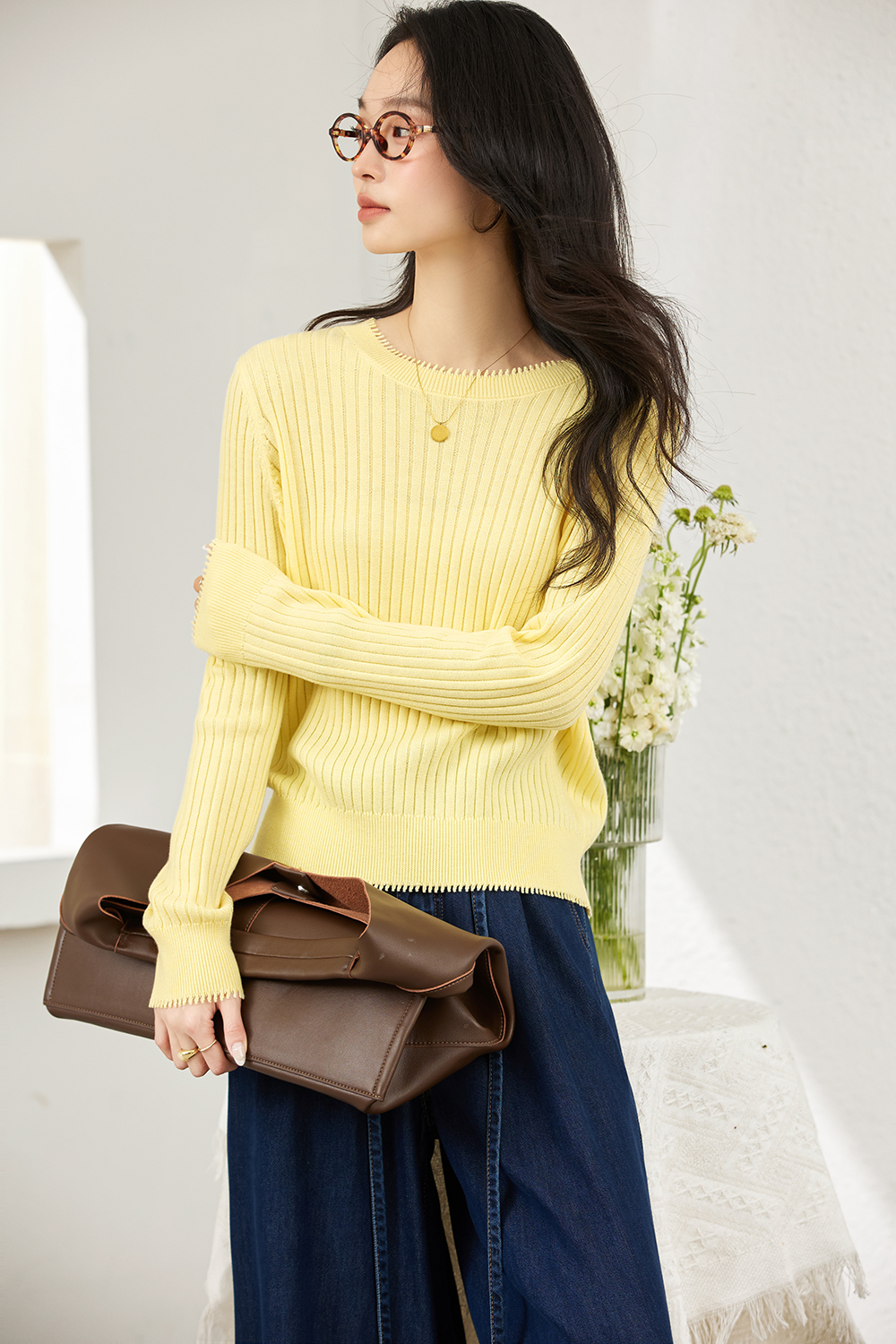 Ribbed Wool Blend Loose Round Neck Knitted Top-VIMLYSTORE