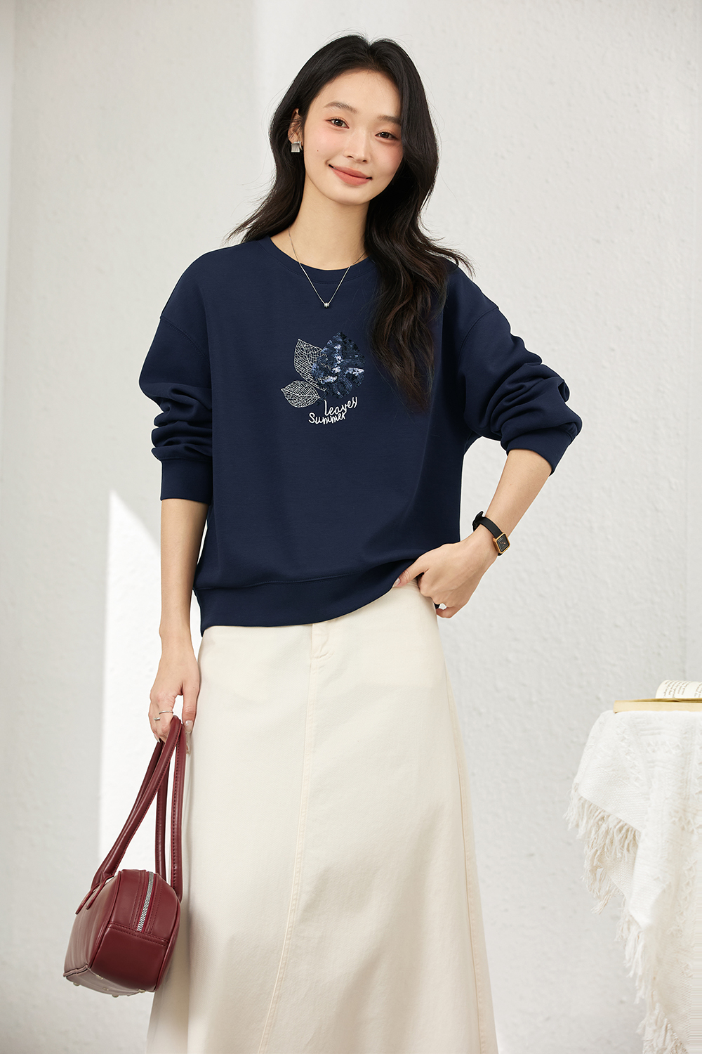Elegant Slimming Embroidered Sequin Round Neck Long Sleeve Sweatshirt-VIMLYSTORE