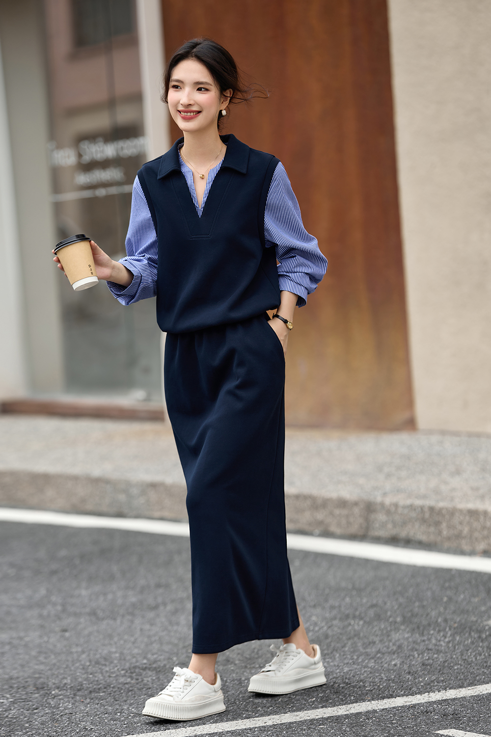 Navy Blue Fake Two-Piece Top with Long Skirt Set-VIMLYSTORE