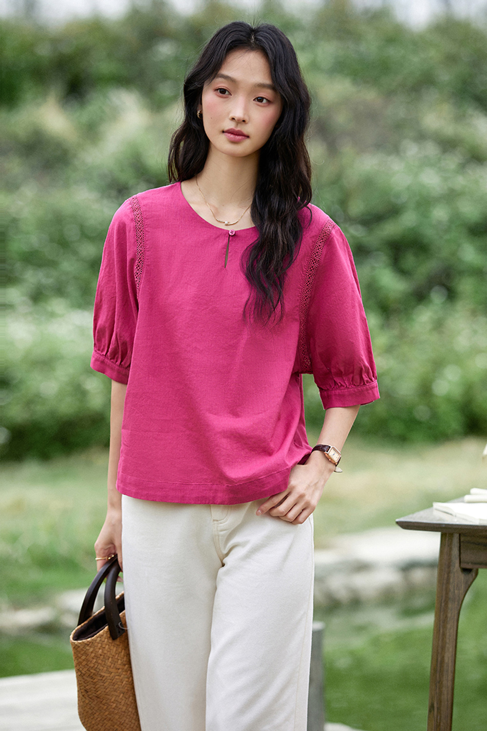 Stylish Raspberry Pink Lace Trim Round-Neck Blouse-VIMLYSTORE
