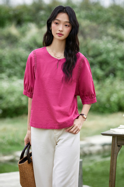 Stylish Raspberry Pink Lace Trim Round-Neck Blouse-VIMLYSTORE