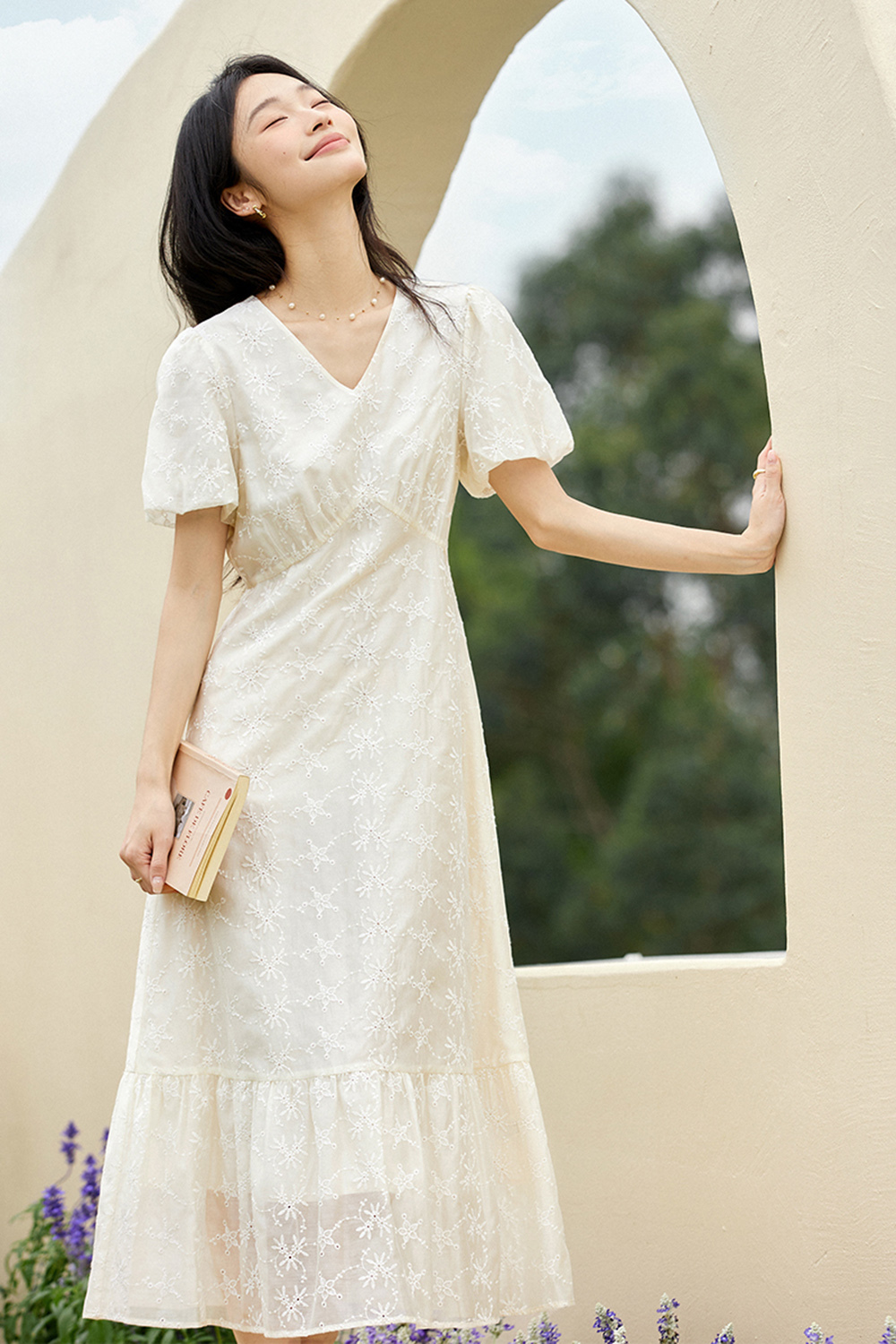 French V-Neck Cutout 3D Embroidered Puff Sleeve Maxi Dress