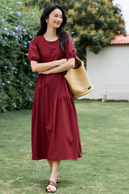 French Retro Asymmetrical Shirred Puff Sleeve Maxi Dress