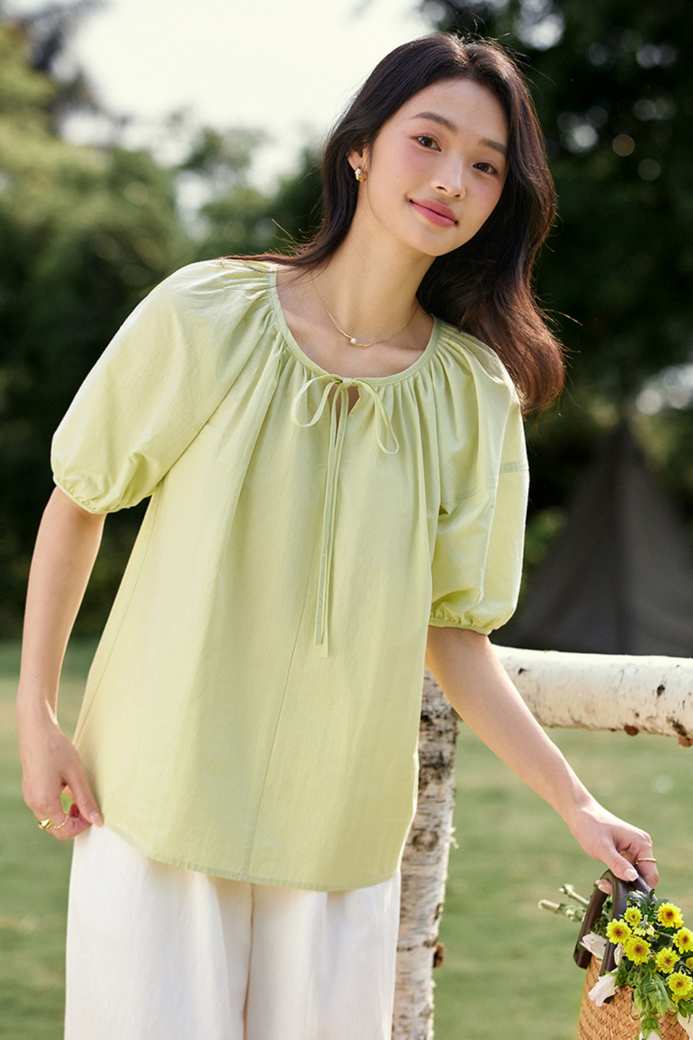Casual & Stylish Loose Tie-Front Round Neck Puff Sleeve Blouse-VIMLYSTORE