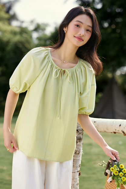 Casual & Stylish Loose Tie-Front Round Neck Puff Sleeve Blouse-VIMLYSTORE