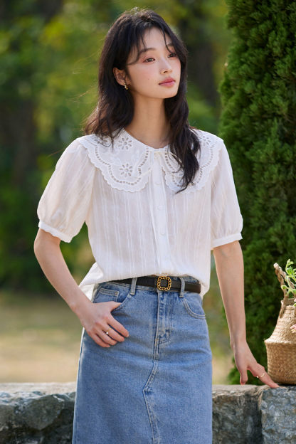 French Youthful Peter Pan Collar Short-Sleeve Blouse with Lace Trim-VIMLYSTORE