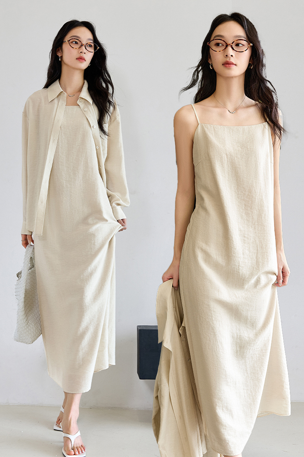 Versatile Casual Loose Shirt with Slip Dress Set