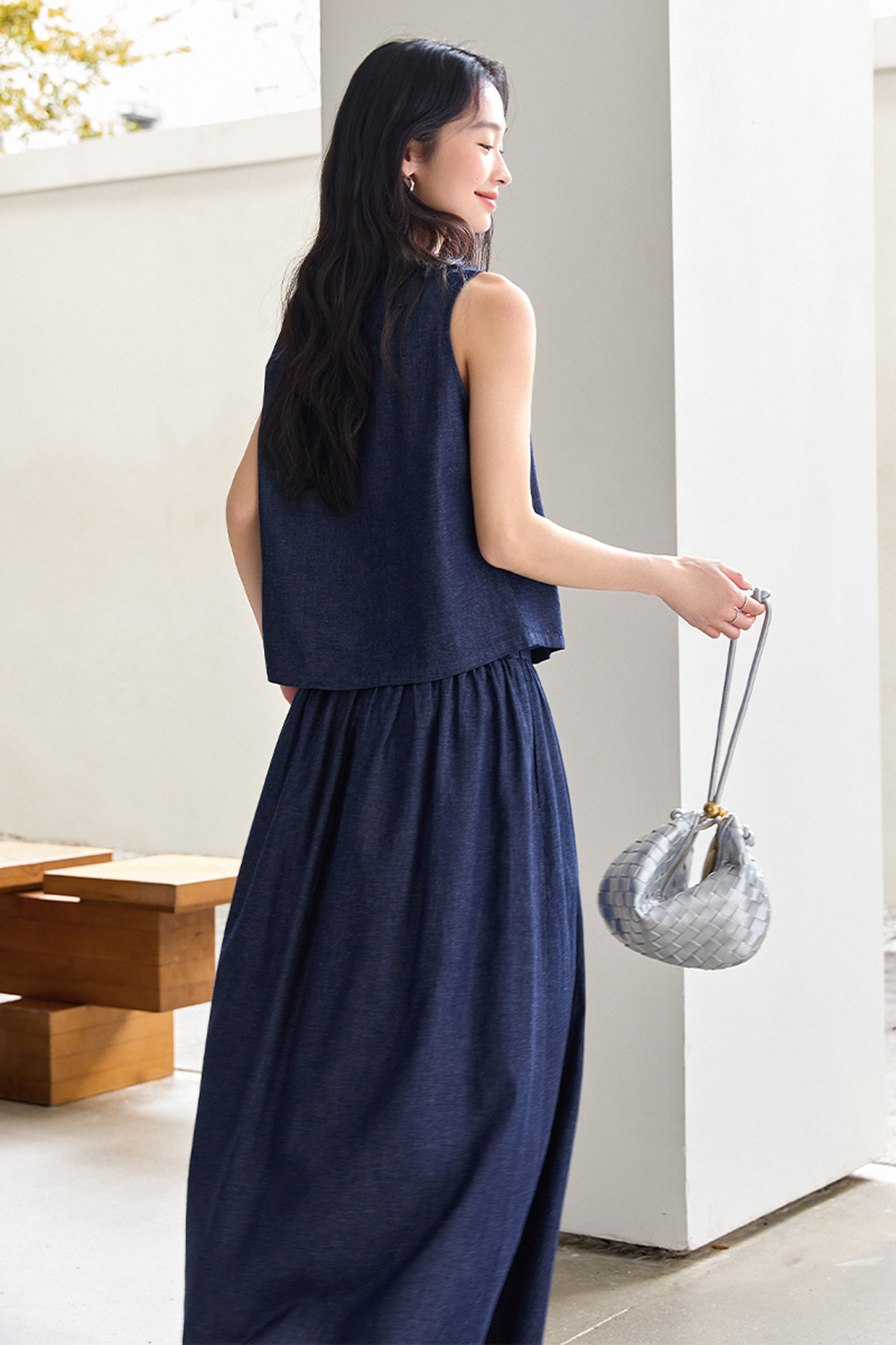 Stylish Casual Sleeveless High-Waist Denim Maxi Skirt Set-VIMLYSTORE