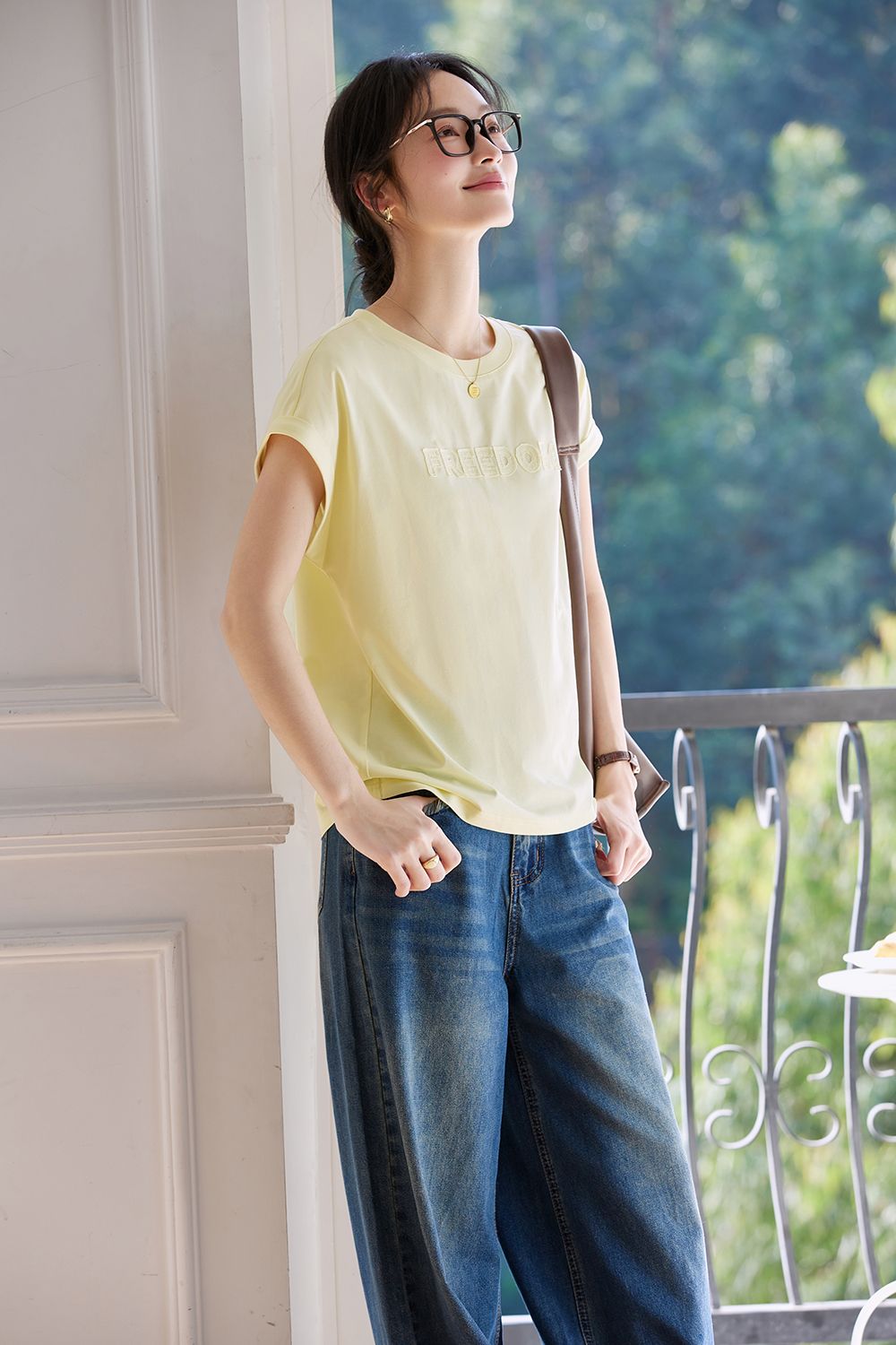 Embroidered Letter Short Flutter Sleeve Loose Versatile Round Neck Top-VIMLYSTORE