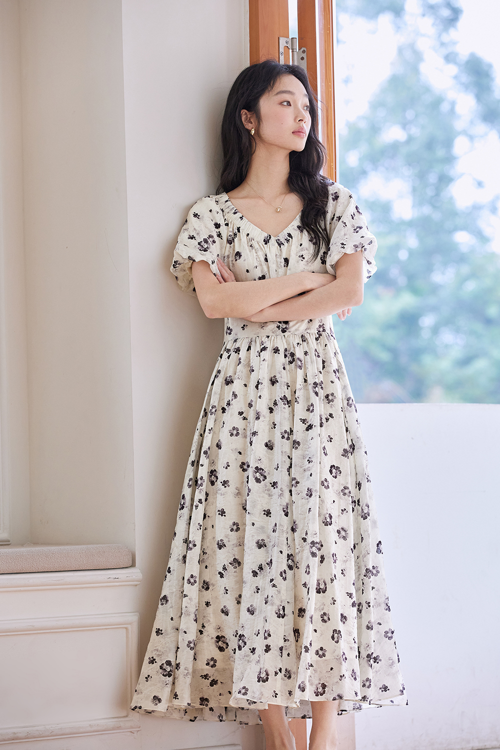 French Floral Soft V-Neck Puff Sleeve Slimming Maxi Dress