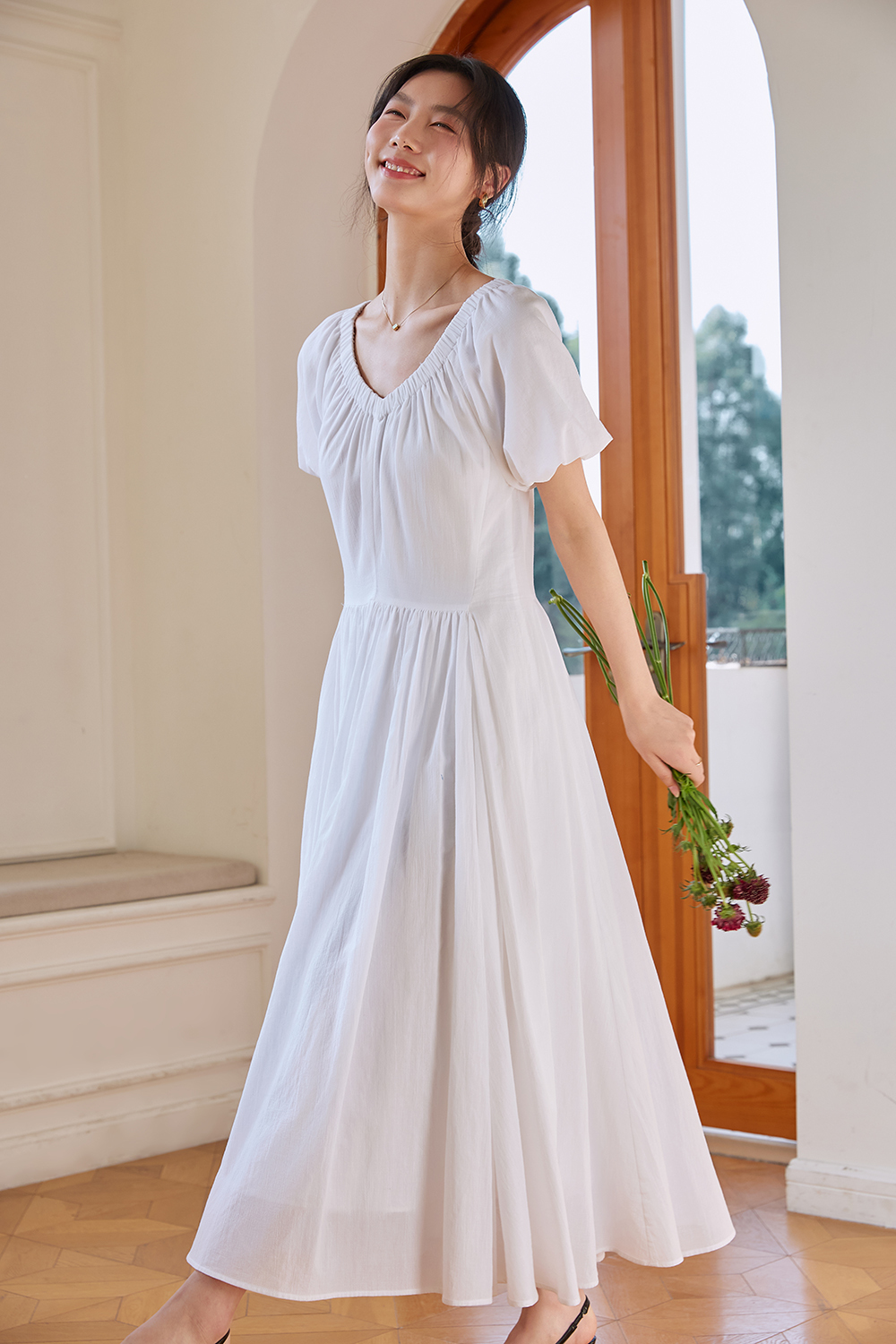 French Floral Soft V-Neck Puff Sleeve Slimming Maxi Dress