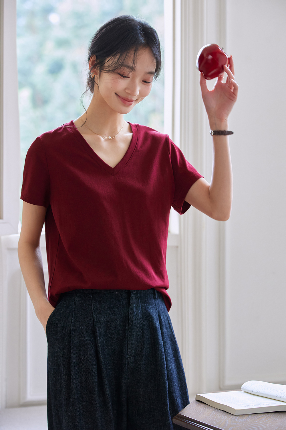 Dopamine Solid Color Casual Versatile V-Neck Loose Top-VIMLYSTORE