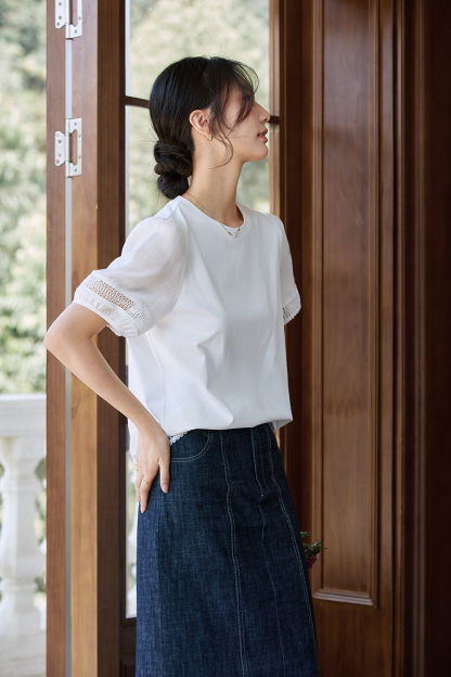 Lace Trim Lantern Sleeve Round Neck Short Sleeve T-Shirt-VIMLYSTORE