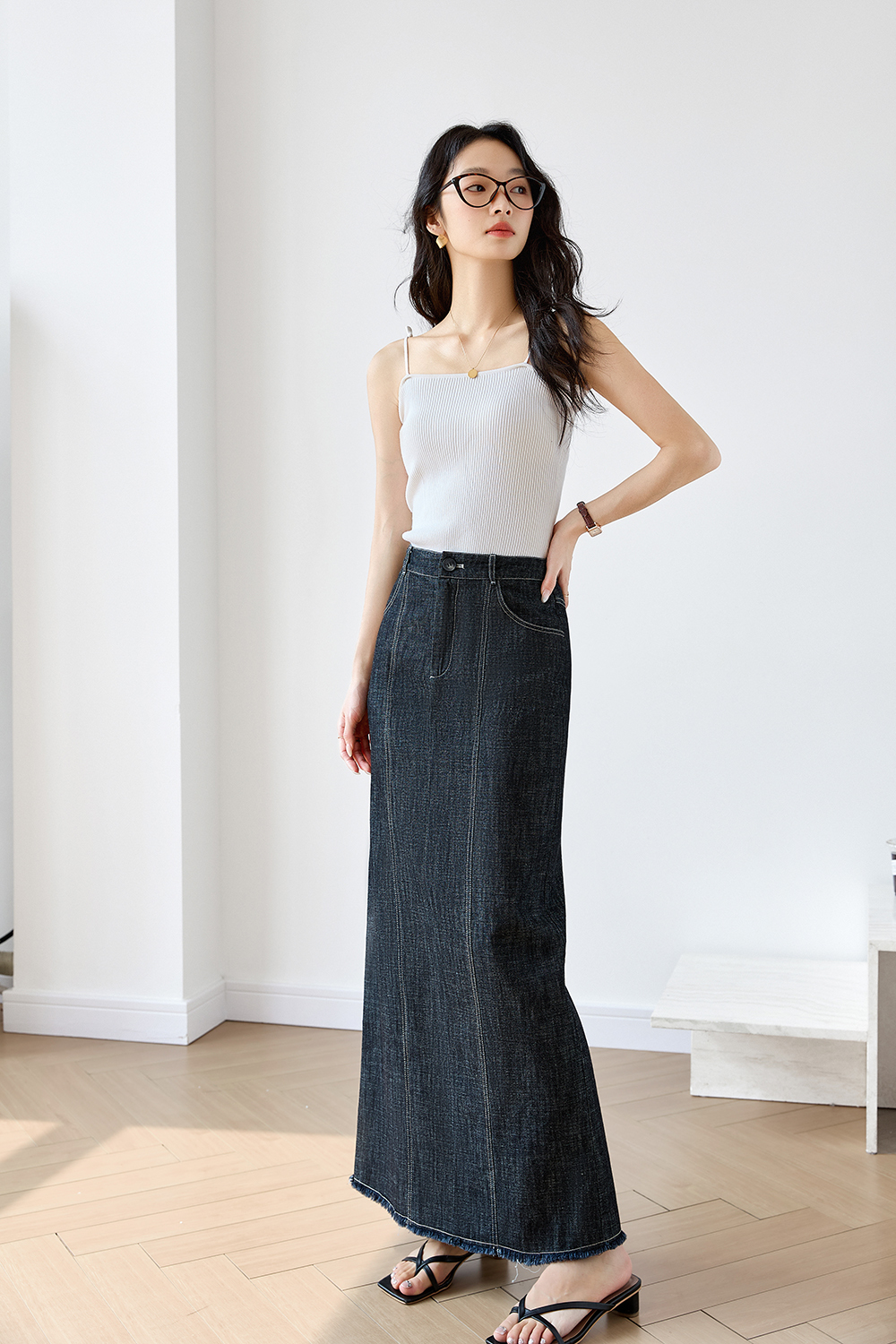 Black Grey Retro Denim High Waist Straight Pencil A-Line Midi Skirt