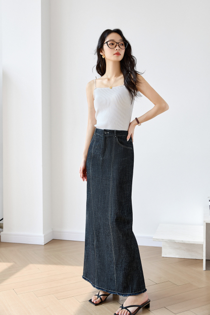 Black Grey Retro Denim High Waist Straight Pencil A-Line Midi Skirt