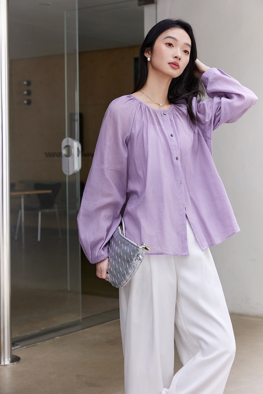 Monet Purple Linen-Cotton Light Luxury Youthful Chic Shirt-VIMLYSTORE