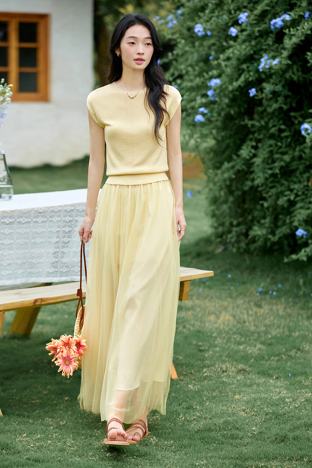 French-Inspired Lyocell Knit Top with Sheer Mesh Skirt Set-VIMLYSTORE