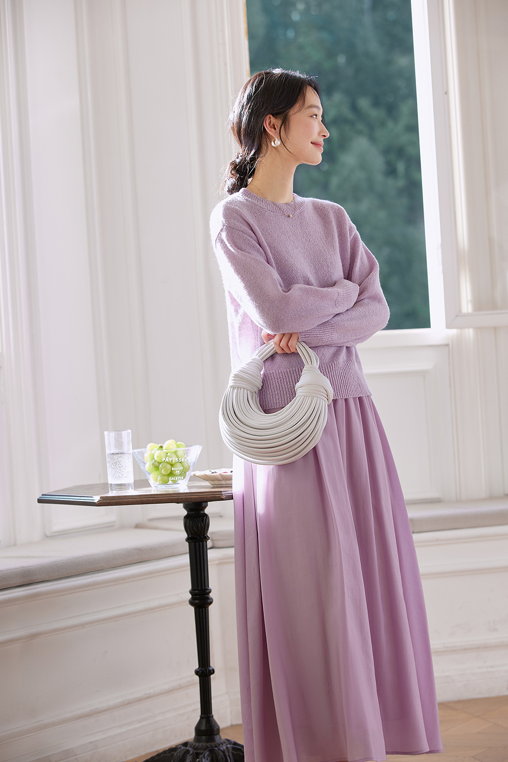 Lilac Round-Neck Top & Pencil Skirt Set for Polished Office Wear-VIMLYSTORE