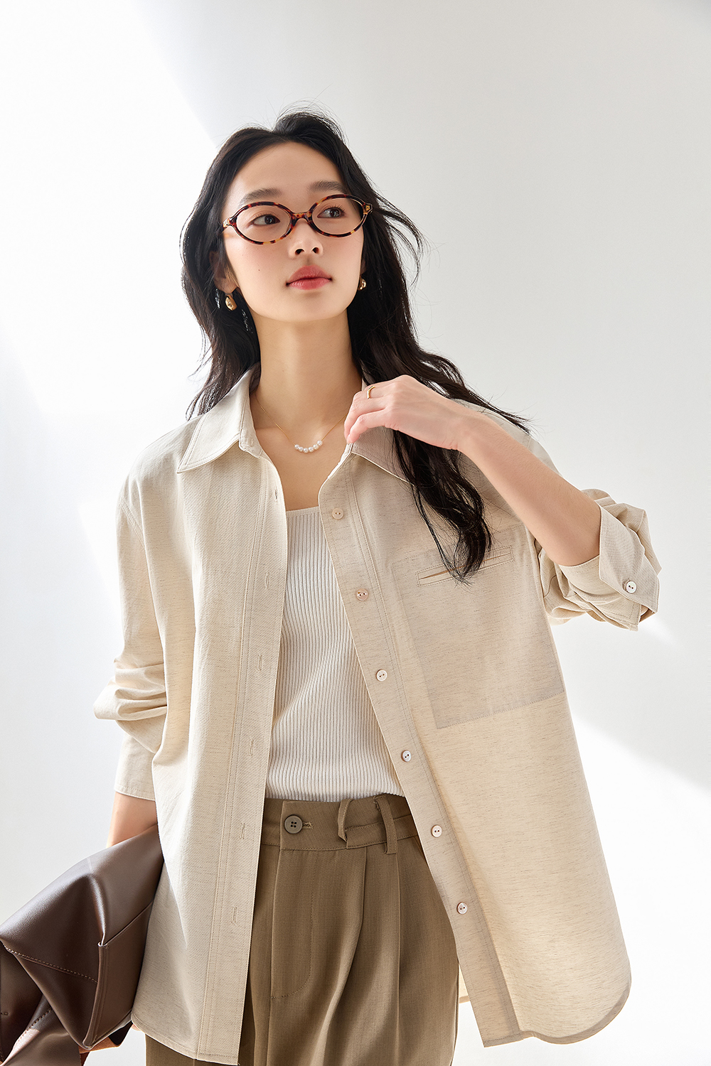 Oatmeal Oversized Shirt with Dual-Button Cuff Detail-VIMLYSTORE