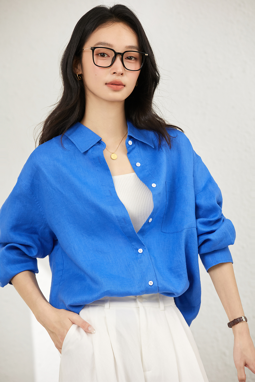 Relaxed Linen Notch-Collar Commute Shirt-VIMLYSTORE