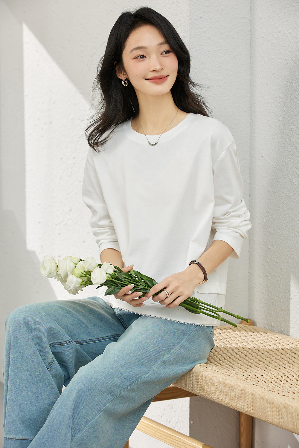 Cotton Eyelet-Embroidered Long-Sleeve Top-VIMLYSTORE