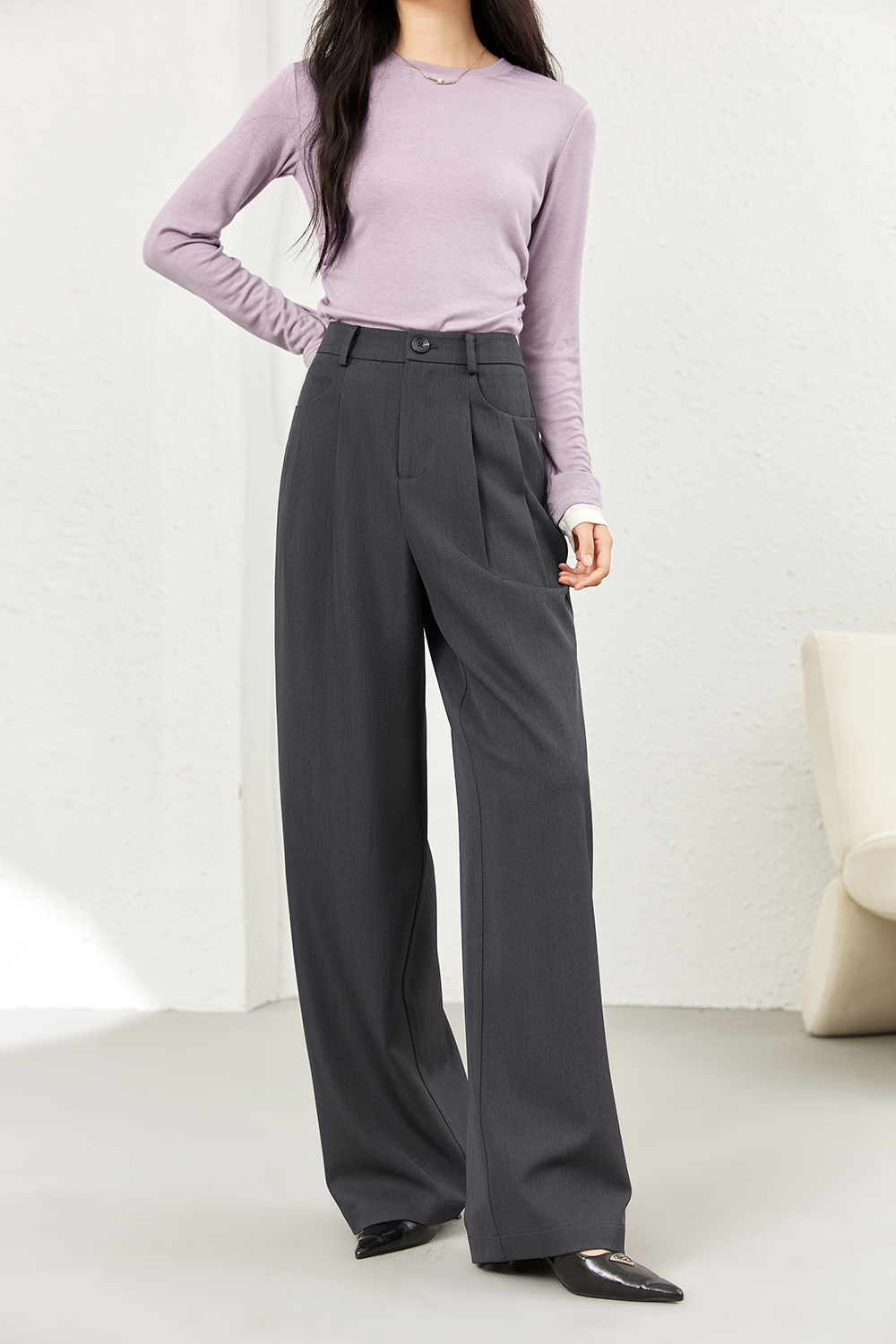 Fluid Gray Wide-Leg Trousers with Tailored Drape-VIMLYSTORE