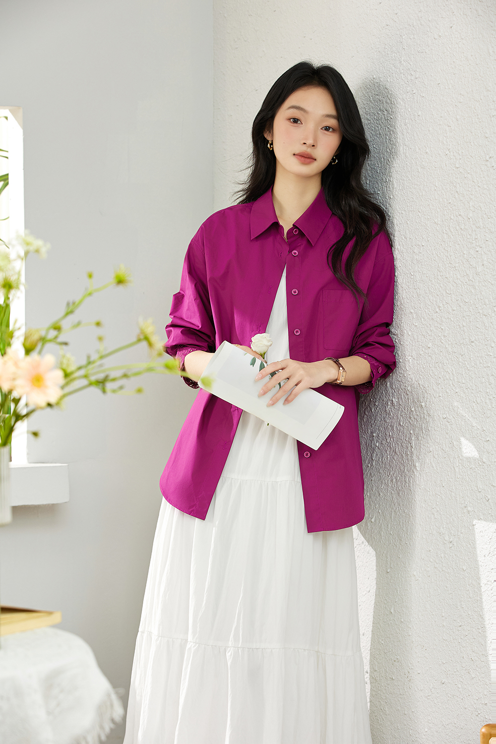 Artistic Cutwork Notch-Collar Blouse-VIMLYSTORE