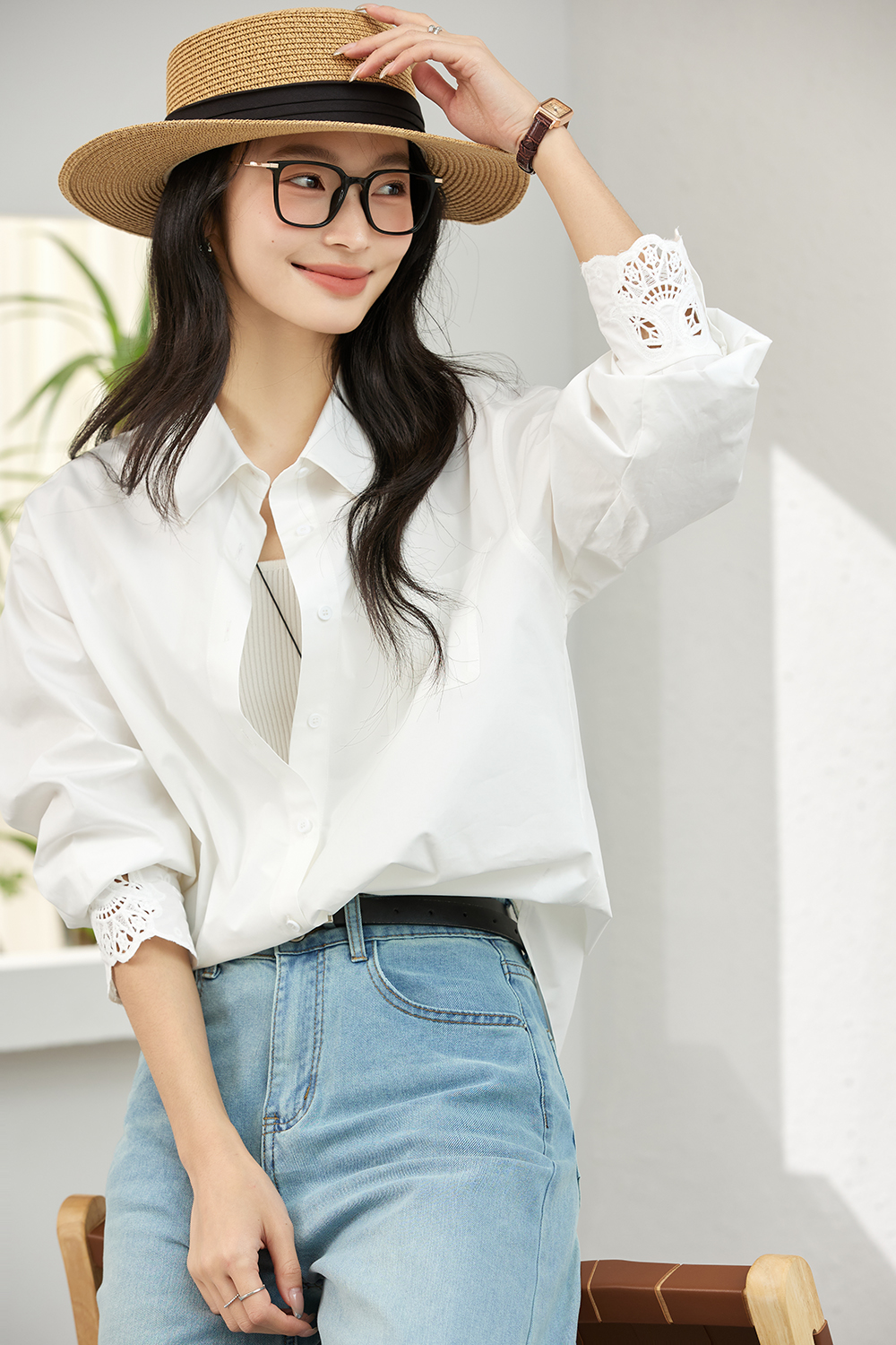 Artistic Cutwork Notch-Collar Blouse