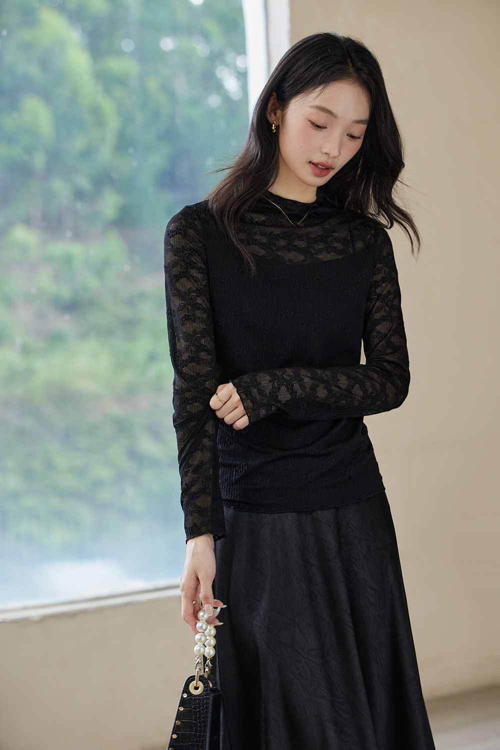 Slim-fit Layering Semi-turtleneck Lace Long Sleeve T-shirt-VIMLYSTORE