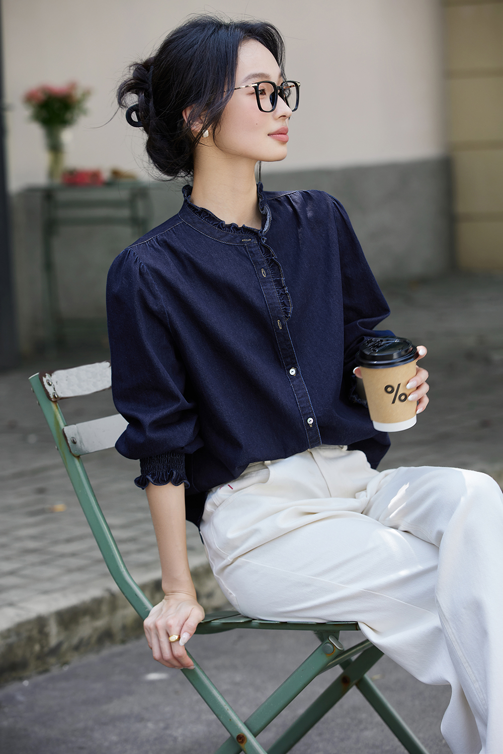 Designer Loose Stand-up Denim Long Sleeve Cotton Shirt-VIMLYSTORE