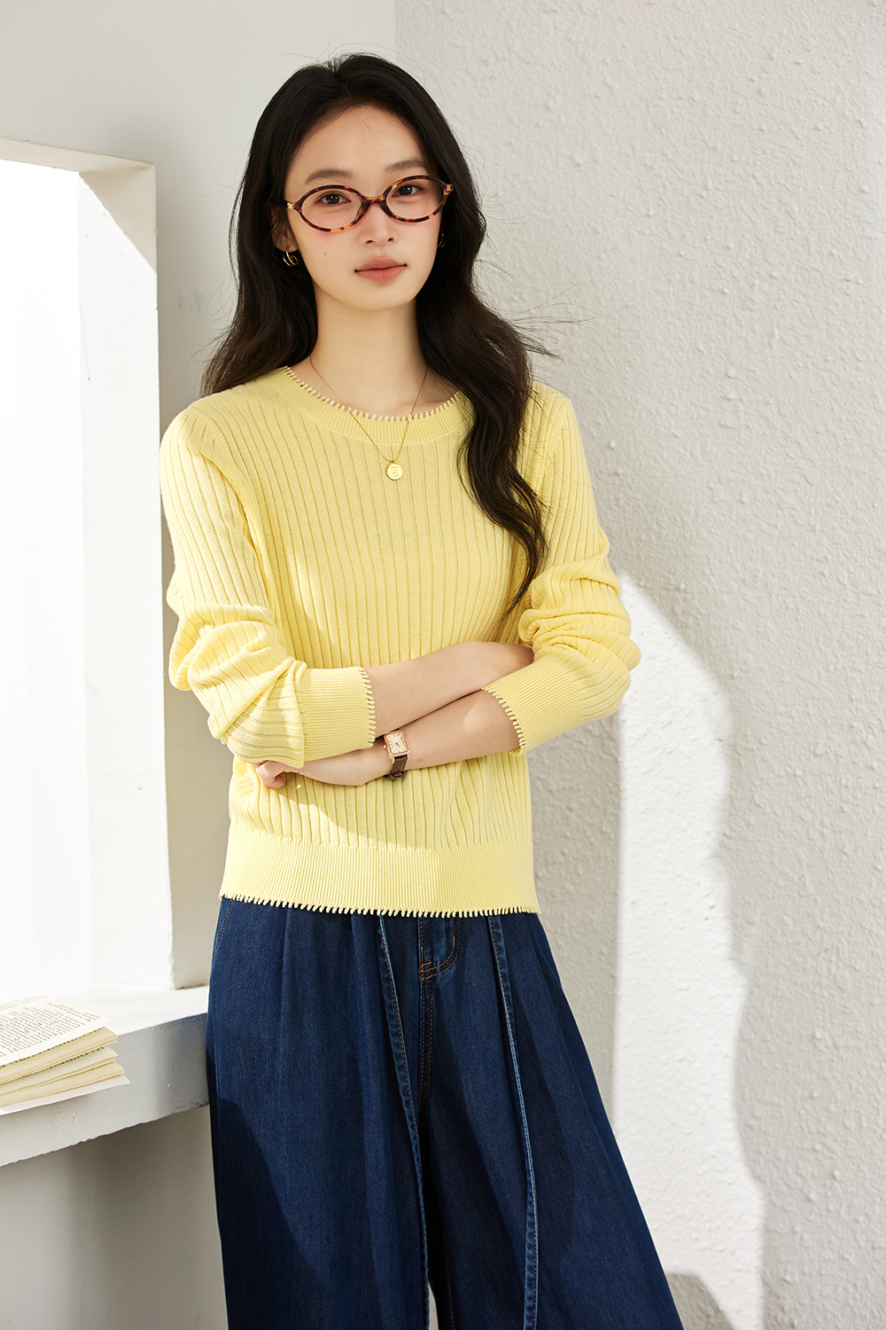 Ribbed Wool Blend Loose Round Neck Knitted Top-VIMLYSTORE