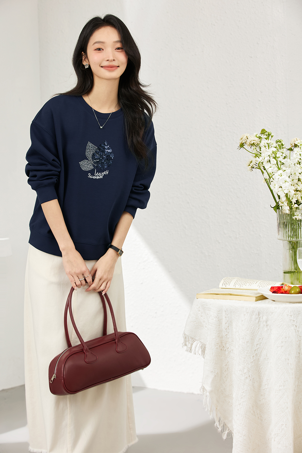 Elegant Slimming Embroidered Sequin Round Neck Long Sleeve Sweatshirt-VIMLYSTORE