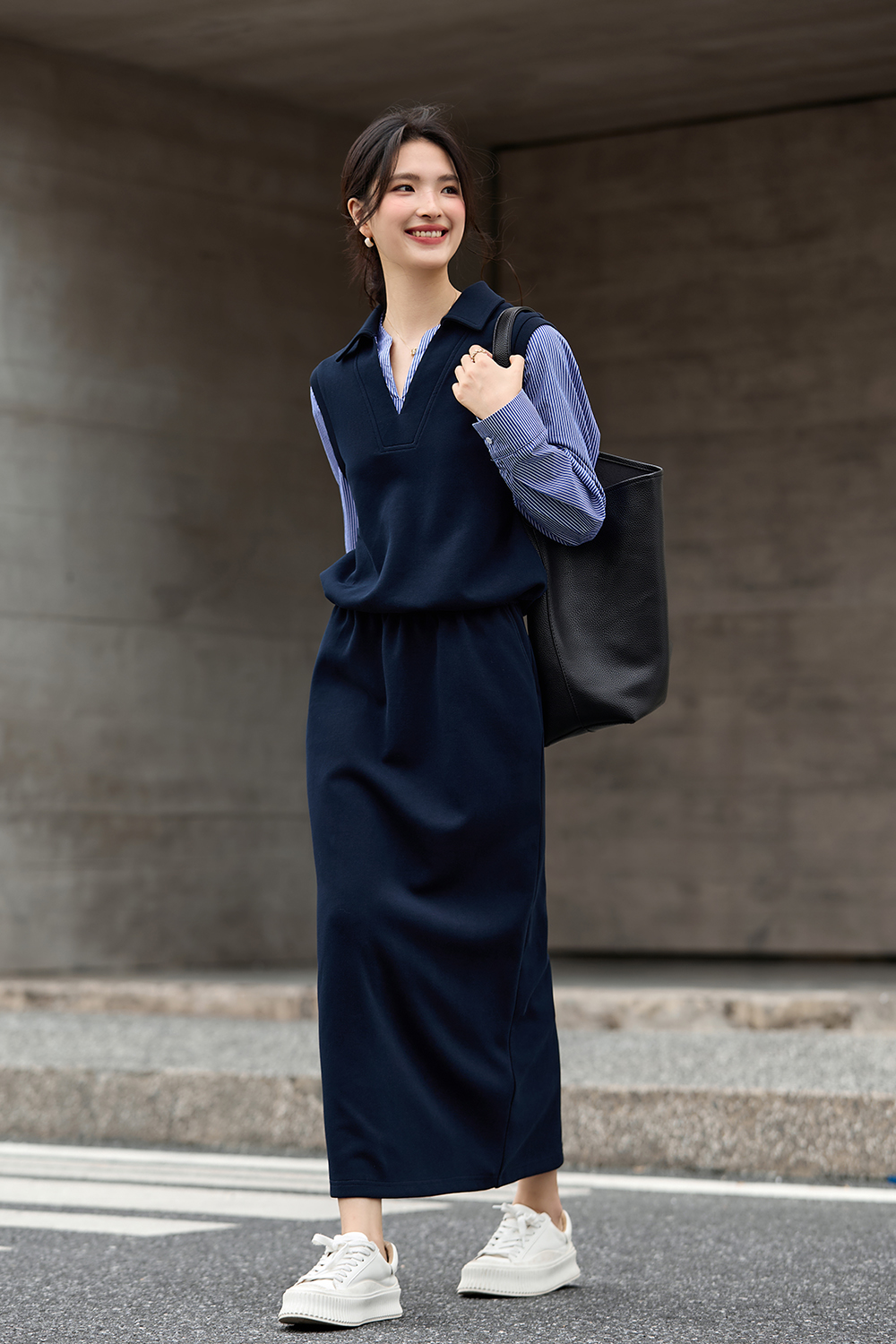 Navy Blue Fake Two-Piece Top with Long Skirt Set-VIMLYSTORE
