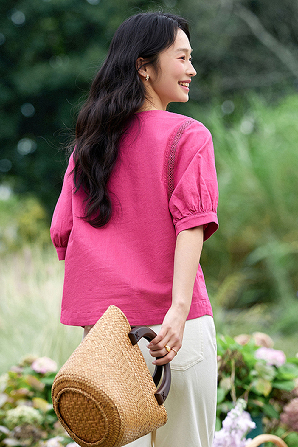 Stylish Raspberry Pink Lace Trim Round-Neck Blouse-VIMLYSTORE